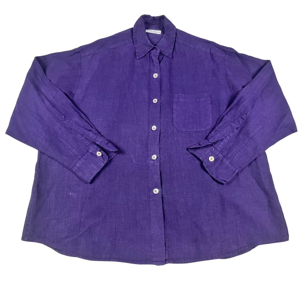 Bryn Walker Womens 1X Dark Purple Linen Button Up Shirt Minimalist USA Made
